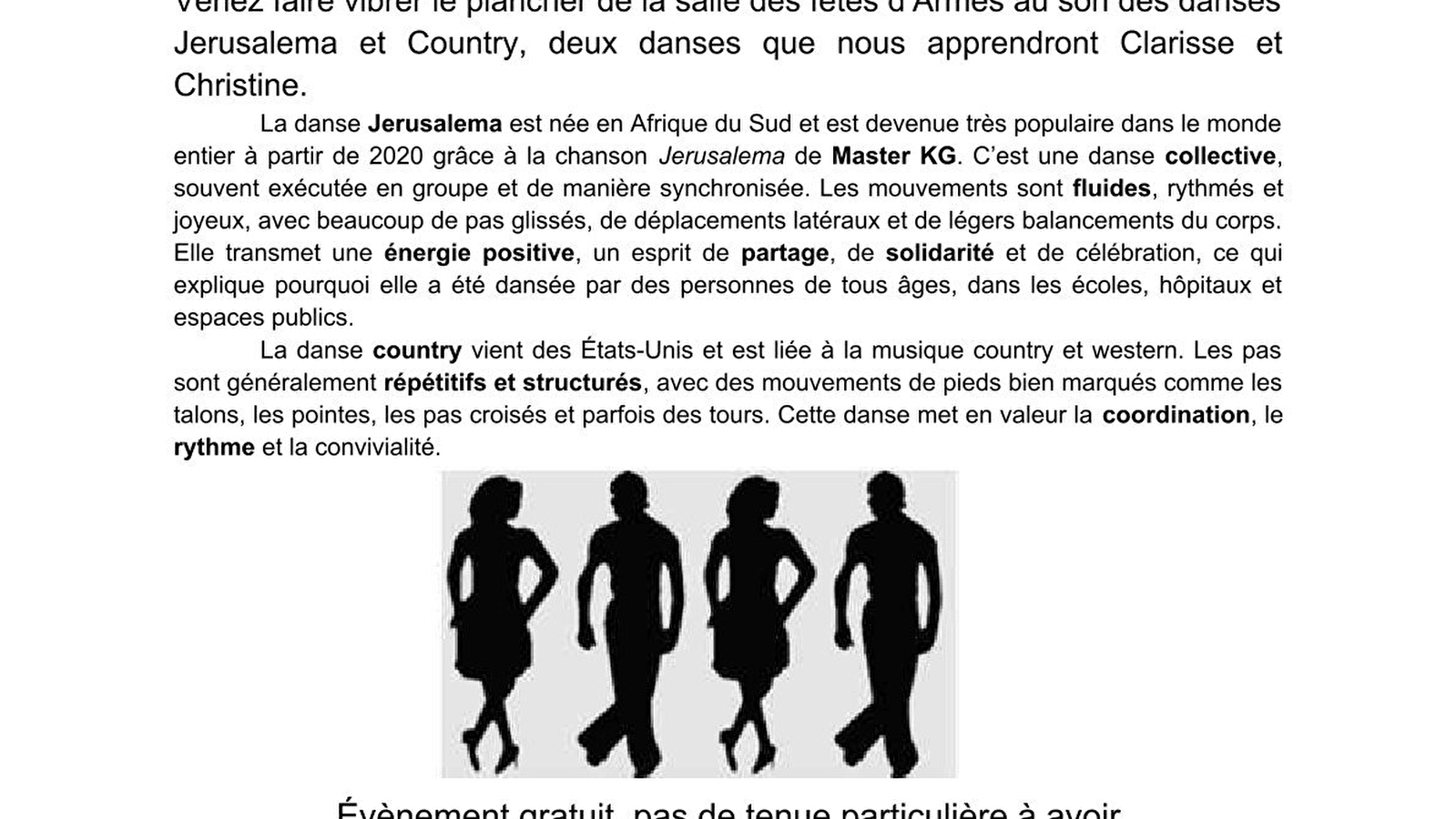 La coopérative des savoirs propose : Initiation aux danses Jerusalema et Country